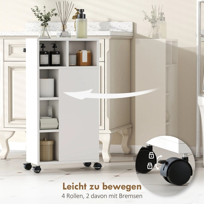 Mobiletto da bagno stretto, con 4 ruote, 3 cassetti, 5 vani a giorno, 20x40x80 cm, bianco.