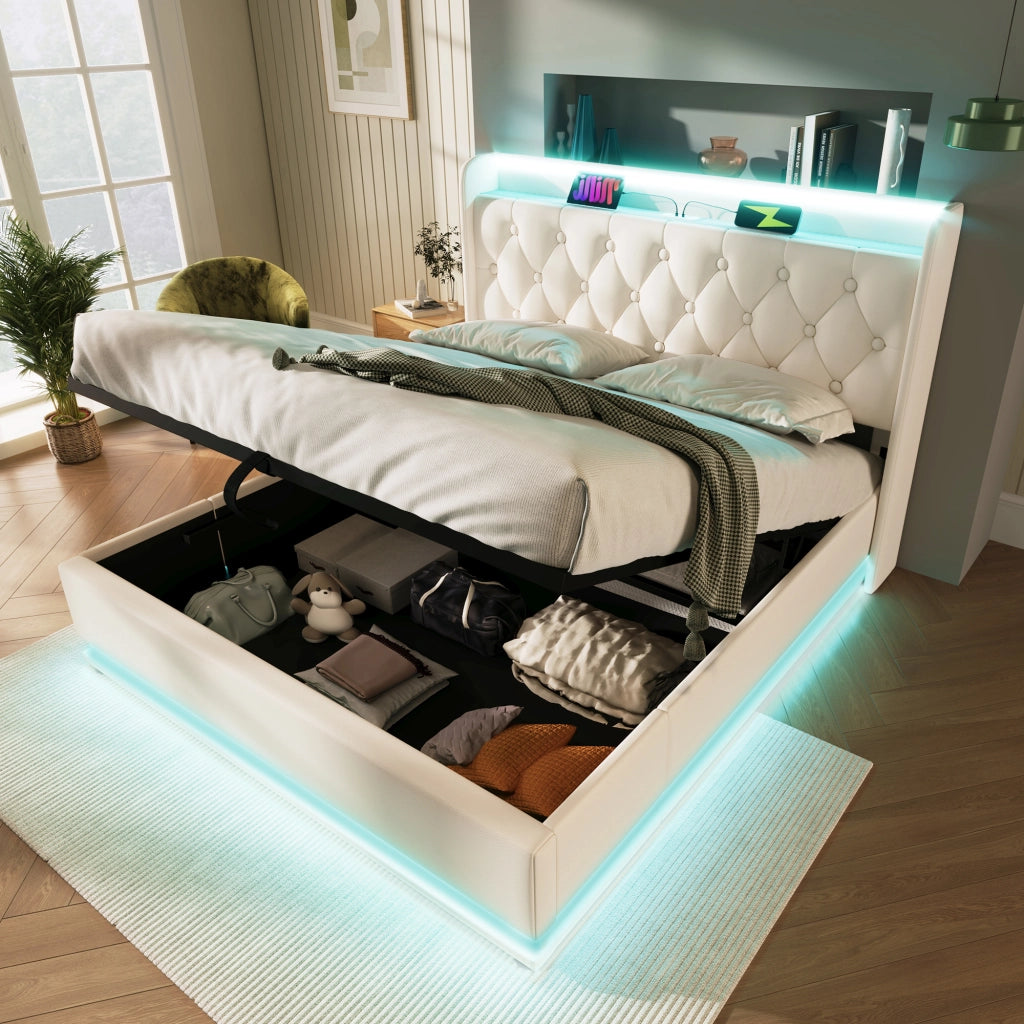 LETTO Contenitore 140x190 cm PU Bianco con LED, USB e Type-C
