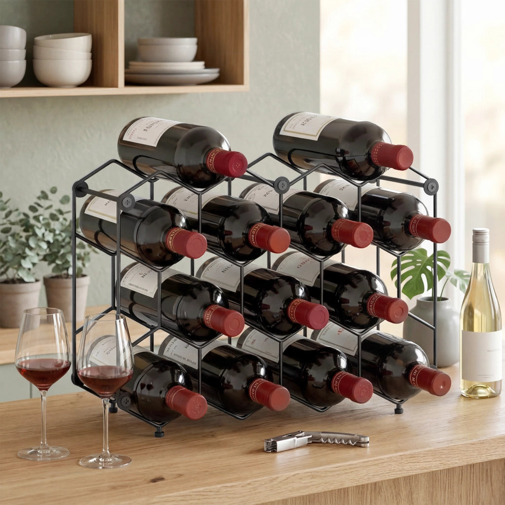 Libreria per Vini 13 Bottiglie Design a Nido d'Ape ¨C Zephmum ¨C Nero Metallo 43x16x31 cm