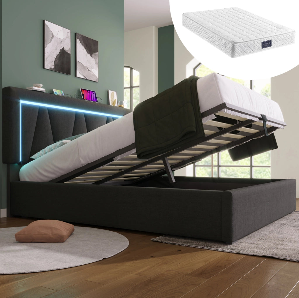Letto imbottito con LED, USB e vano contenitore