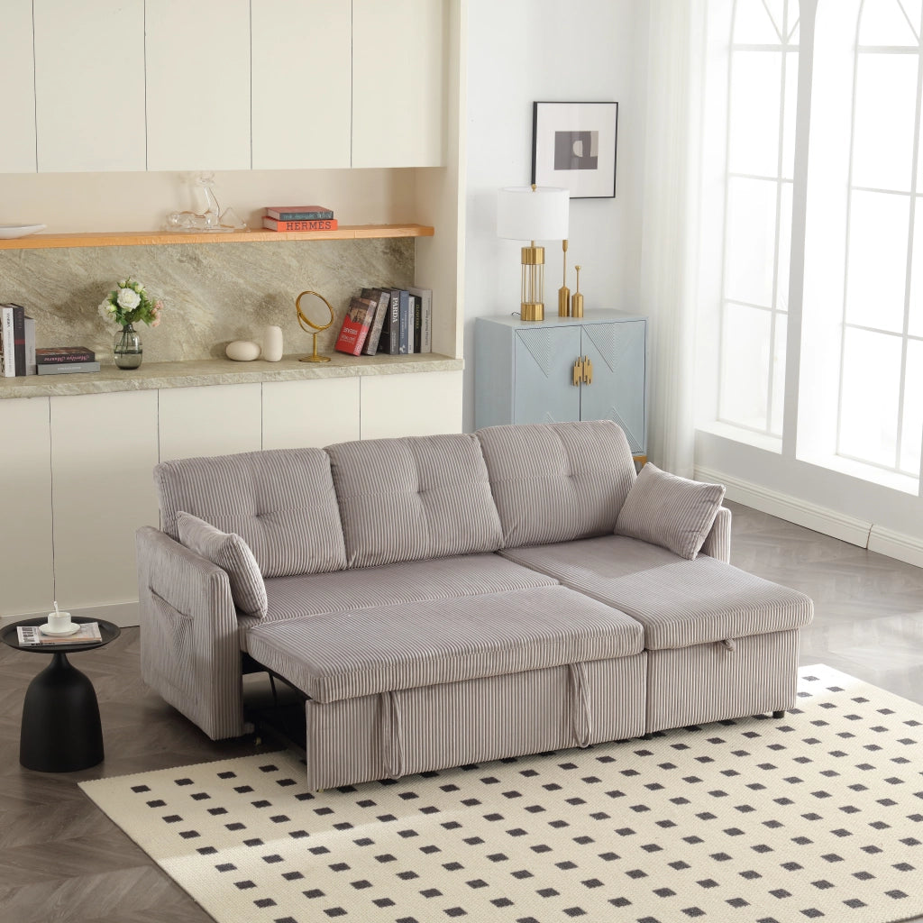 Divano Letto Angolare Reversibile con Contenitore, Corduroy, Grigio Chiaro