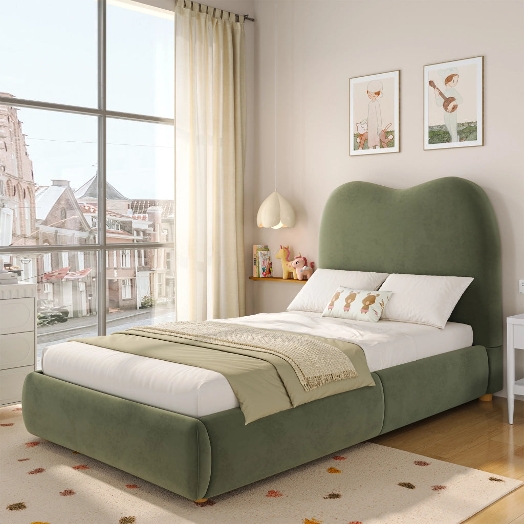 Letto imbottito per bambini con contenitore, rete a doghe, velluto verde