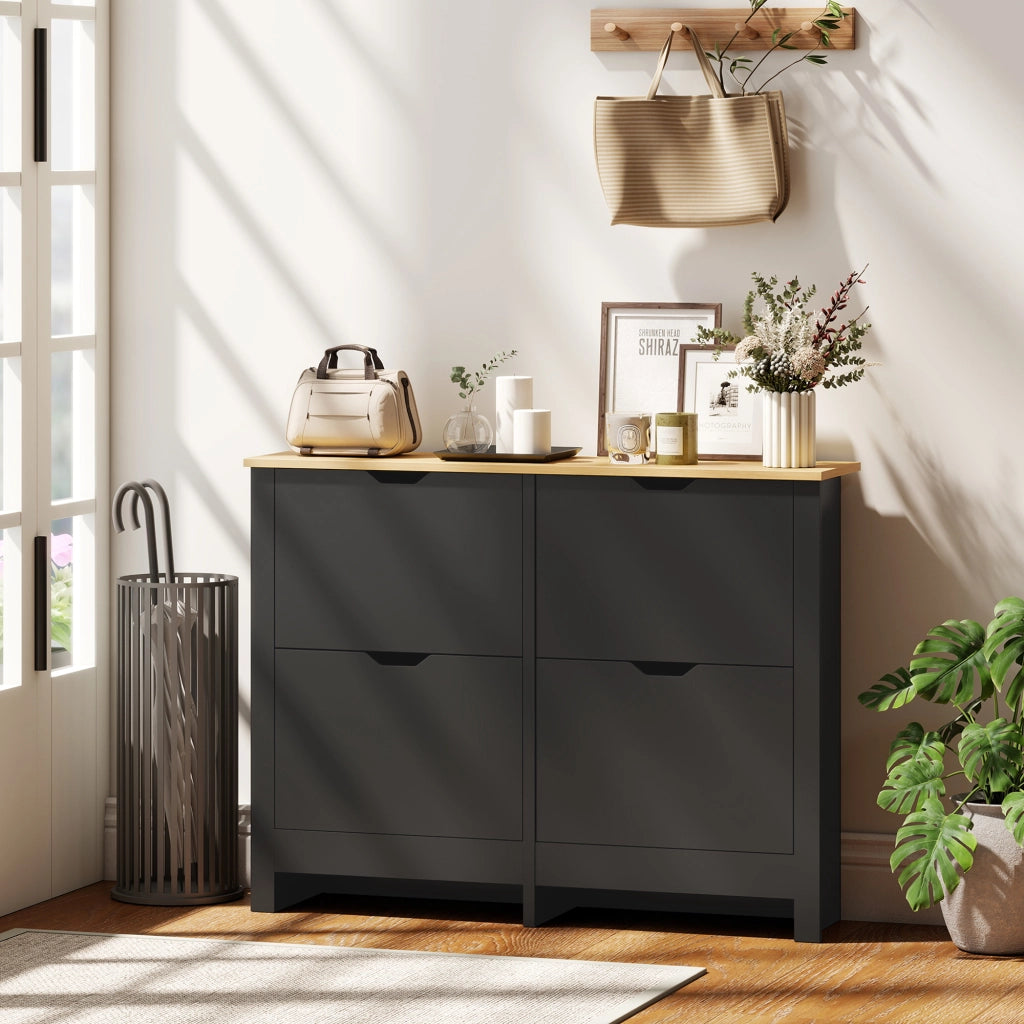 Scarpiera 16 paia con 4 cassetti e ripiani regolabili ¨C Minimal ¨C Nero e legno naturale