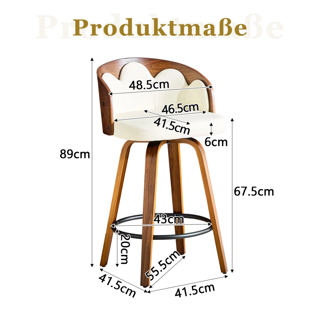 Set di 2 sgabelli da bar con schienale floreale; poggiapiedi in metallo; legno curvato e similpelle bianca