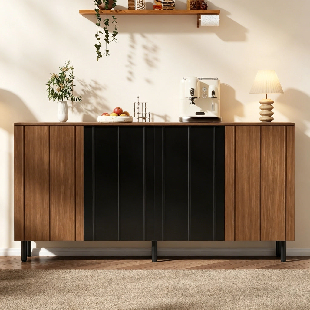 BUFFET 160x35x80 cm in Truciolato Noce e Nero con 4 Ante