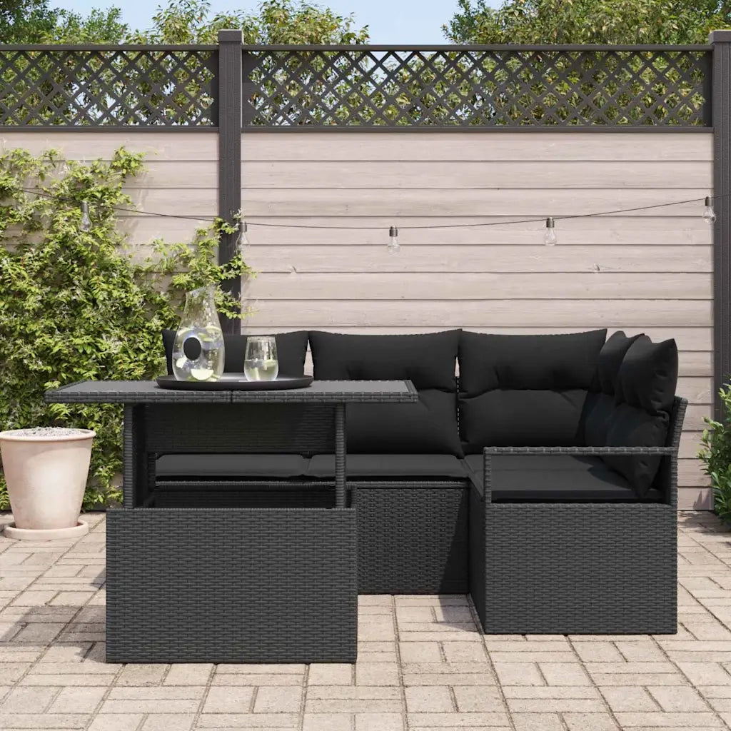 Set Divano da Giardino con cuscino 5 pcs Nero Poly Rattan