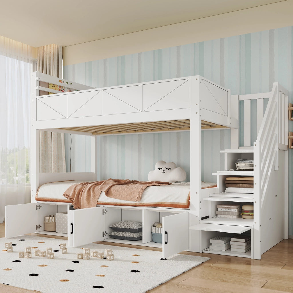 LETTO a castello 90x200 cm con scala contenitore bianco in legno e MDF