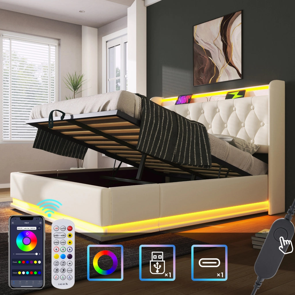 LETTO Contenitore con LED e USB Tipo-C 160x200 cm PU Bianco