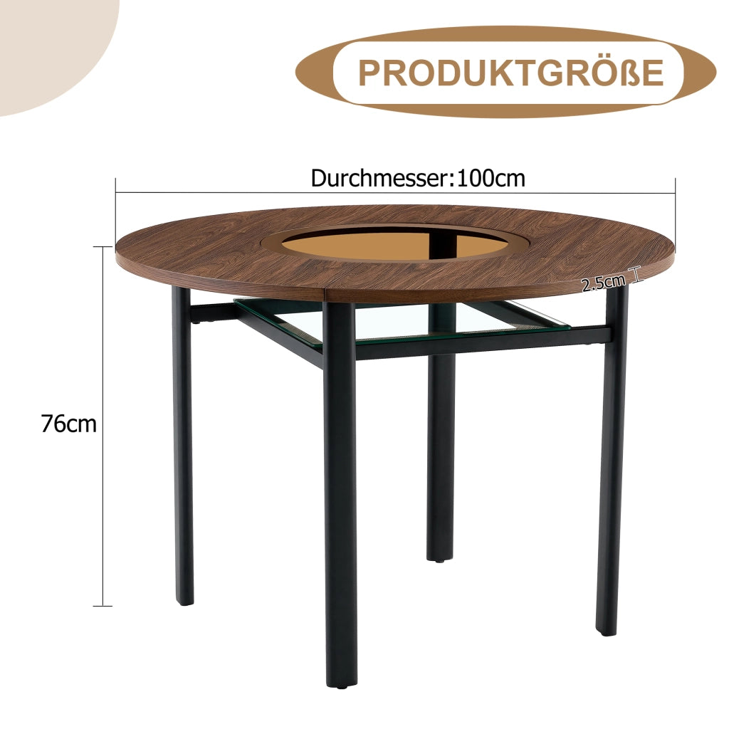 Tavolo rotondo 100 cm con piano in MDF effetto legno, inserto in vetro e struttura in metallo, 4-6 posti