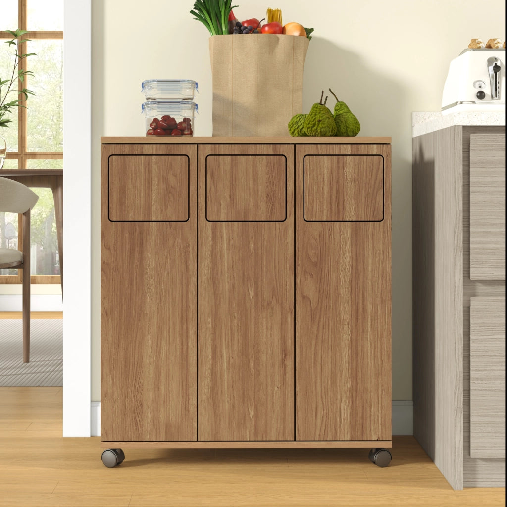 ARMADIO PATTUMIERA 3 SCOMPARTI 69,3x35x80,3 cm MDF NATURALE CON RUOTE