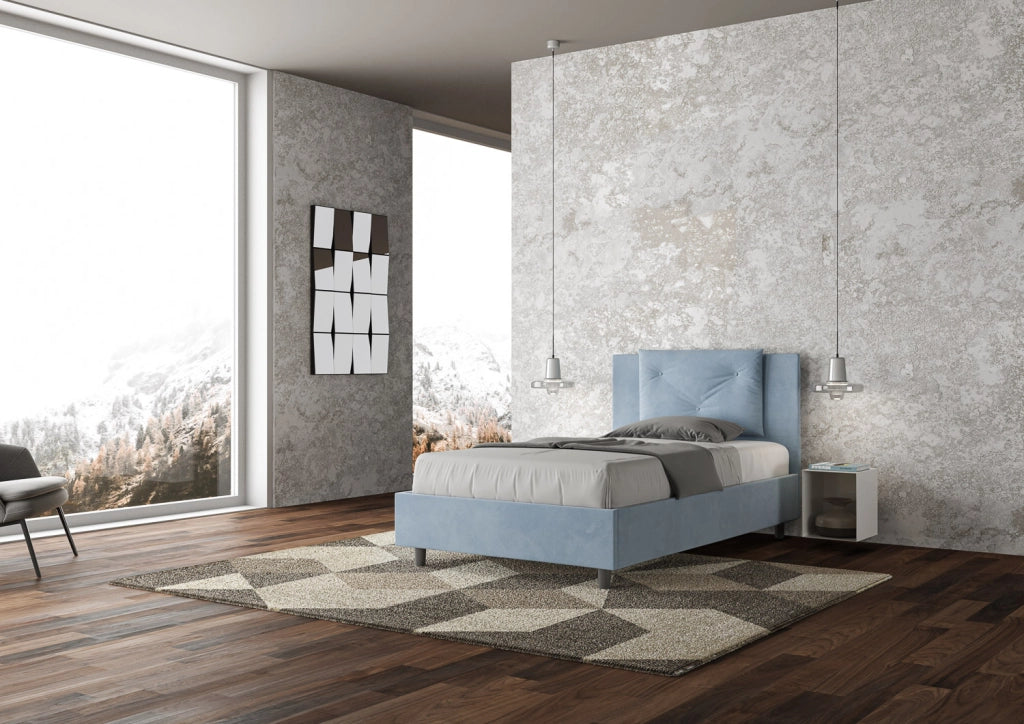 BS COM Letto una piazza e mezza con rete imbottito 120x210 microfibra azzurro