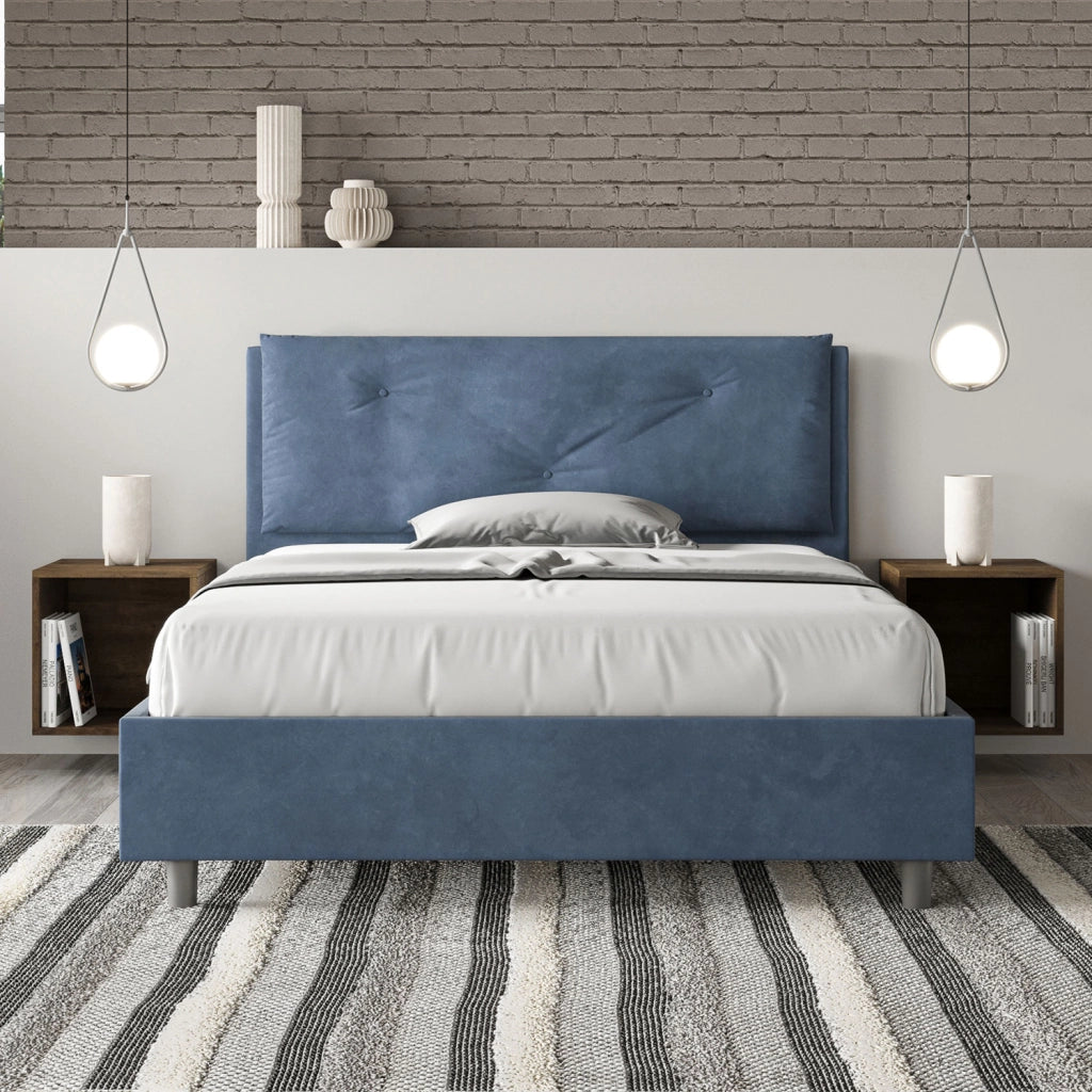 BS COM Letto matrimoniale francese con rete imbottito 140x190 microfibra blu Large