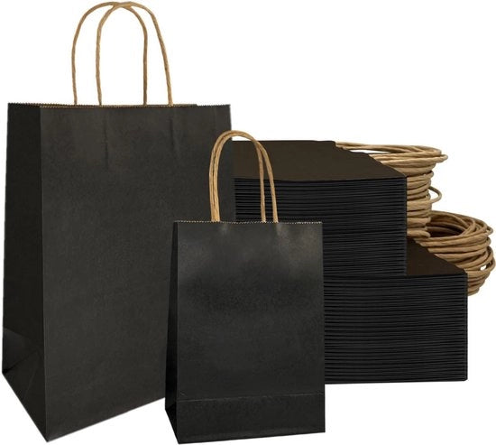 Sacchi di carta Kraft in grande formato con maniglia - 50 pezzi - neri - 21 x 8 x - per regali - feste di compleanno e matrimoni - sacchetti di regalo per Natale - sacchetti di confezione - sacchetti da portare via.