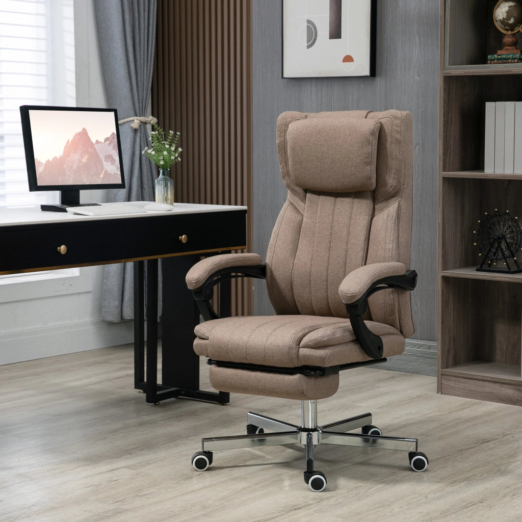 Sedia da Ufficio con Poggiapiedi ¨C Minimal ¨C Marrone, Tessuto Effetto Lino, 65x61x108-118 cm