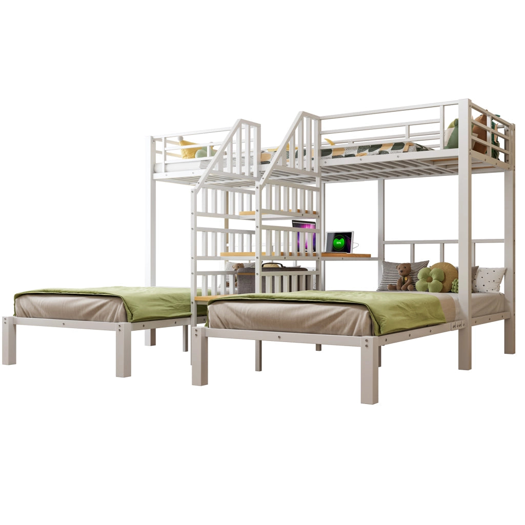 Letto a castello 90 x 200 cm con LED, scrivania, ripiani, porte USB e presa, bianco