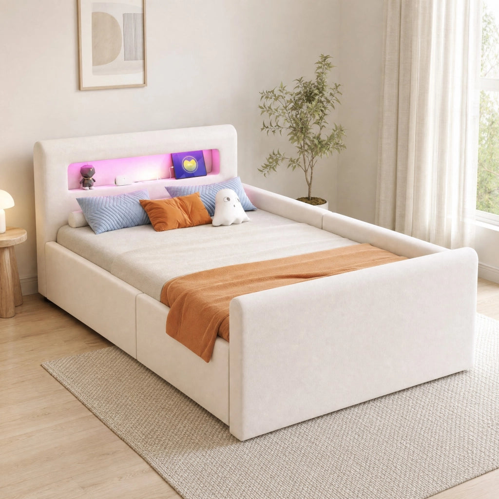 Letto imbottito per bambini 90x200 cm con LED, USB e vano contenitore