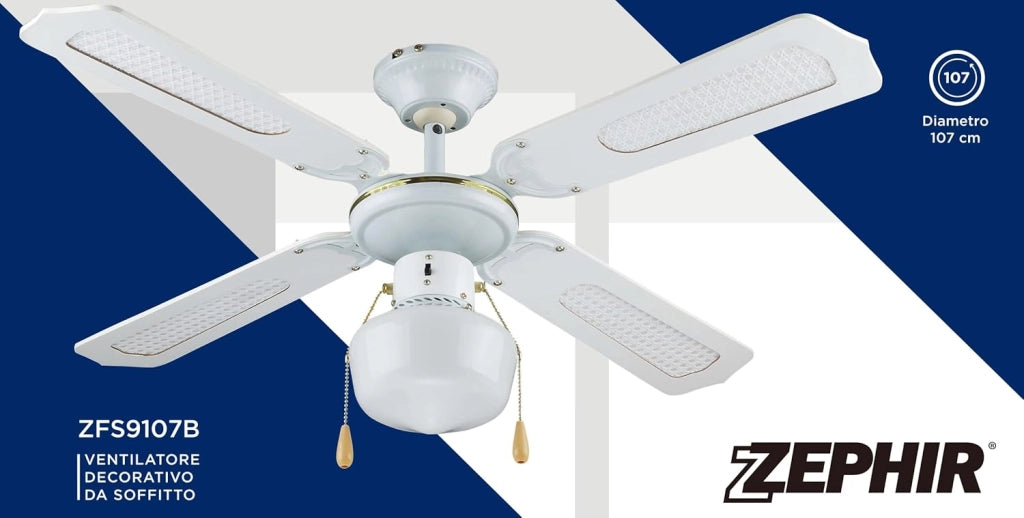 Ventilatore a Soffitto ZEPHIR 4 Pale 107 cm con Luce E27 60W, 3 Velocità, Reversibile, Comando a Cordicella, Design in Legno e Paglia di Vienna Effetto Rattan Bianco 70W Metallo e Legno