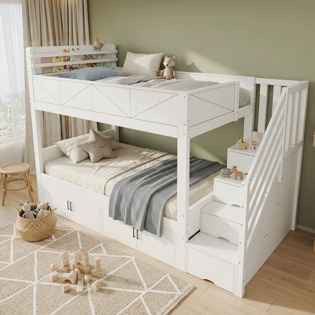 LETTO a castello 90x200 cm con scala contenitore bianco in legno e MDF
