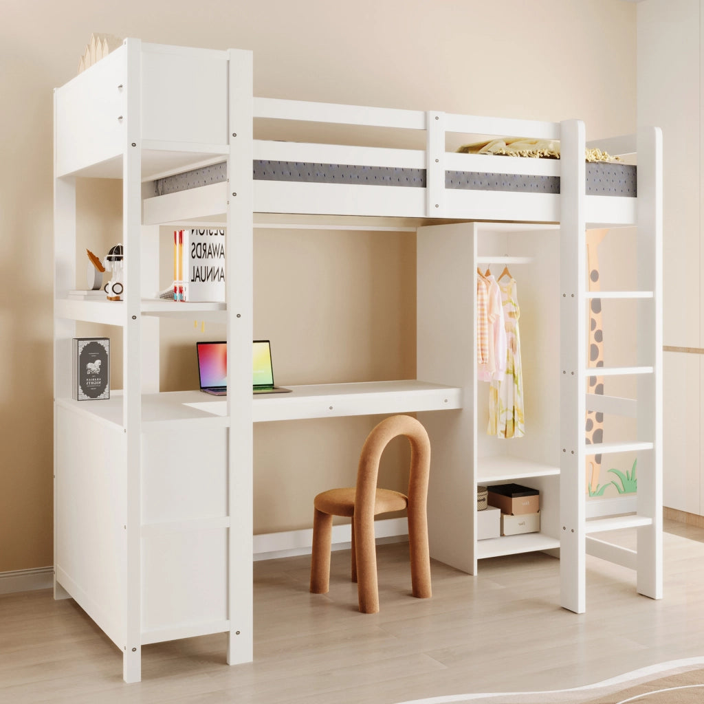Letto a castello con scrivania e armadio - Zephmum - 90x200 cm, bianco, scaffali e ripiani