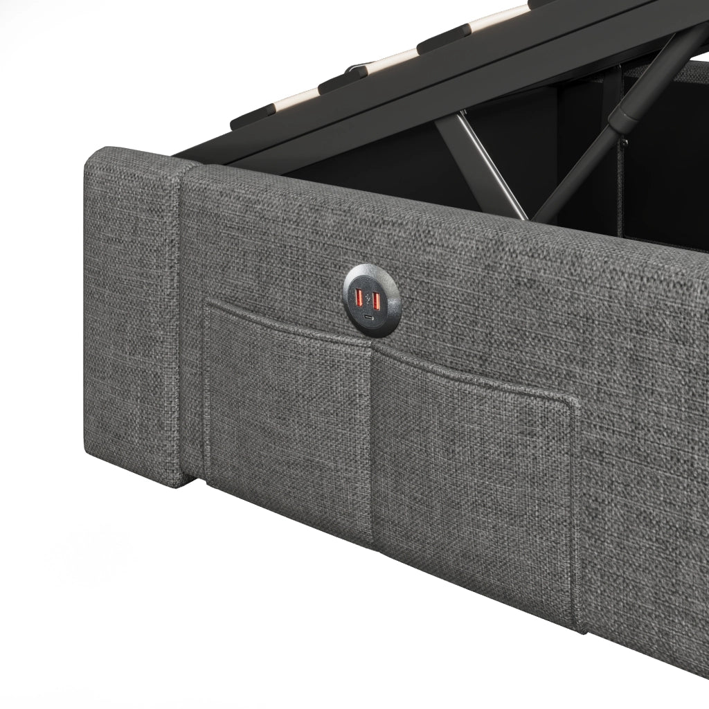 LETTO contenitore 90x200 cm in lino grigio con LED, USB e Type-C
