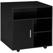Mobile Porta Stampante a Rotelle con Armadietto e 3 Ripiani Aperti, in Legno, 60x50x65.5 cm, Nero
