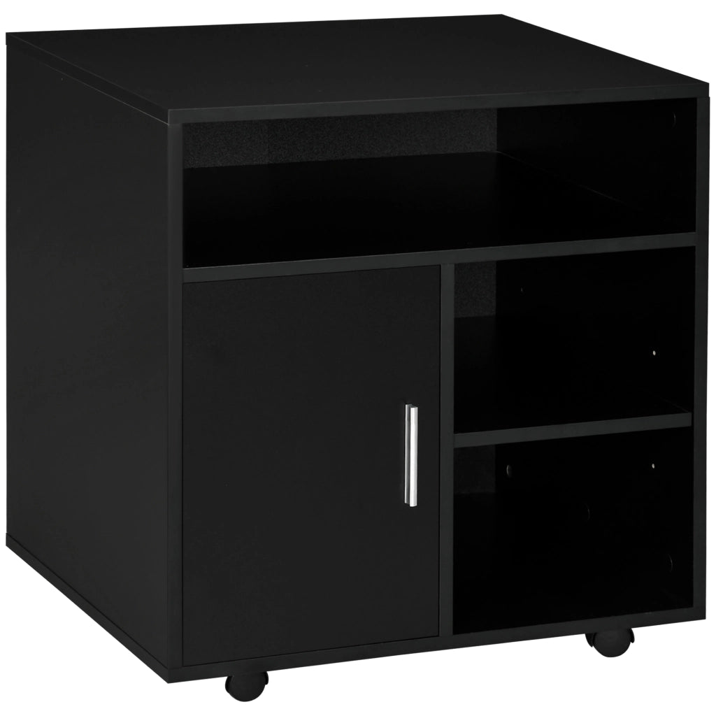 Mobile Porta Stampante a Rotelle con Armadietto e 3 Ripiani Aperti, in Legno, 60x50x65.5 cm, Nero