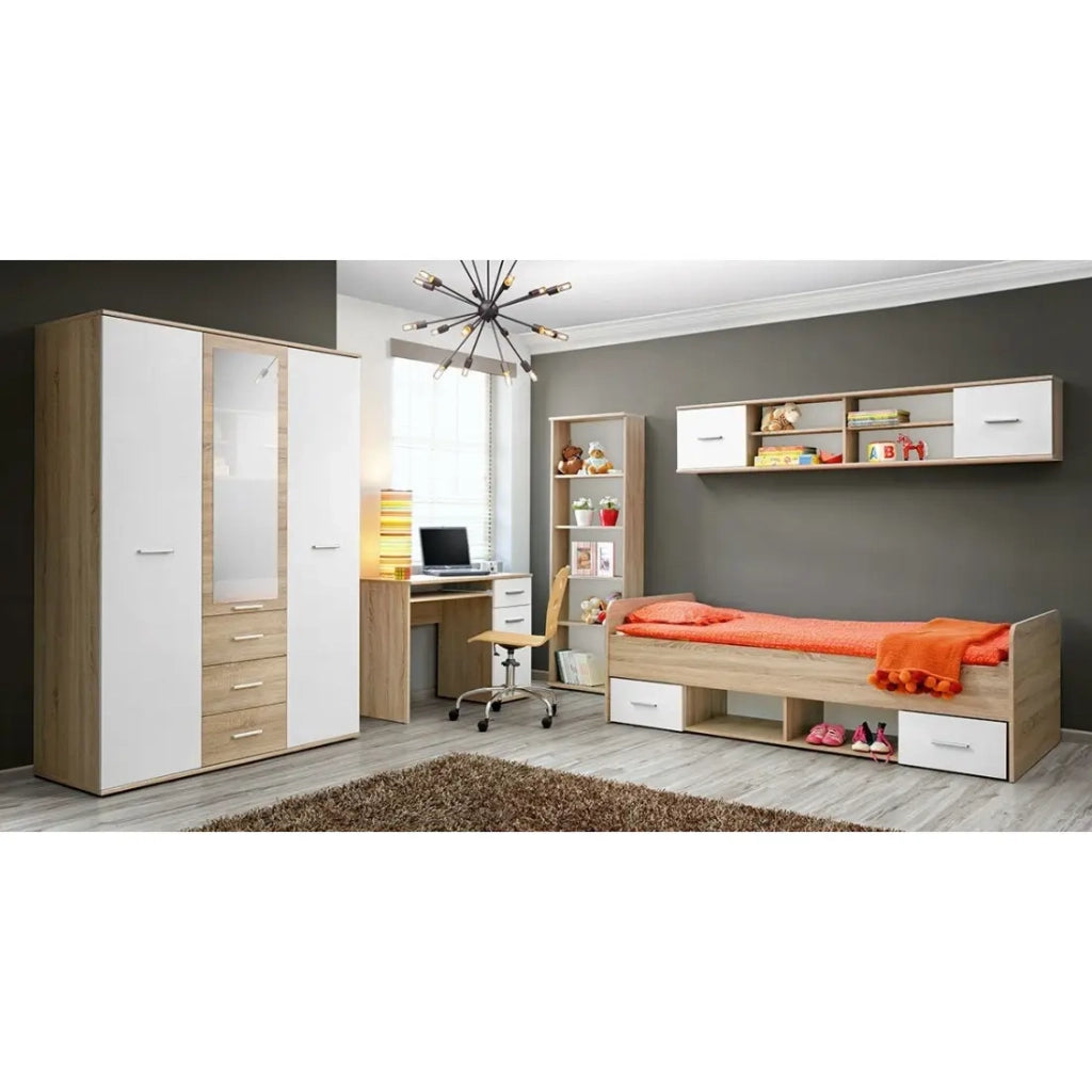 Scrivania bambino DENVER – Con cassetto, porta e scaffale scorrevole – Design in rovere e bianco