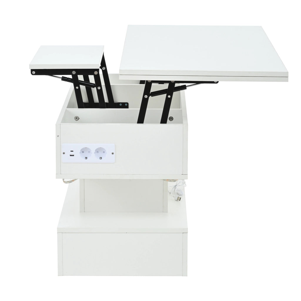 Tavolino da caffè alzabile con LED e vano contenitore - per soggiorno - in truciolare - 100x50x51.5 cm - bianco