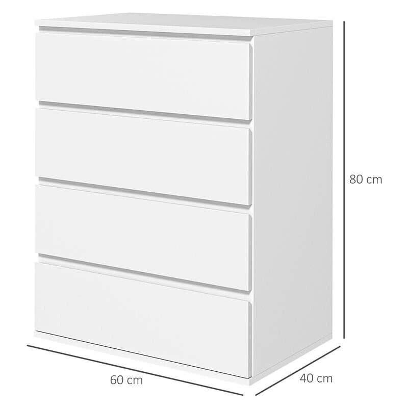 CASSETTIERA 4 CASSETTI IN TRUCIOLATO CON GUIDE IN METALLO E MANIGLIE SCANALATE, 60X40X80 CM, BIANCO