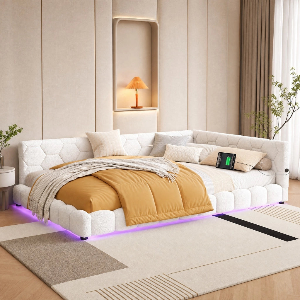 Daybed 140x200 cm con rete a doghe, luce LED ambientale e porte USB/Type-C