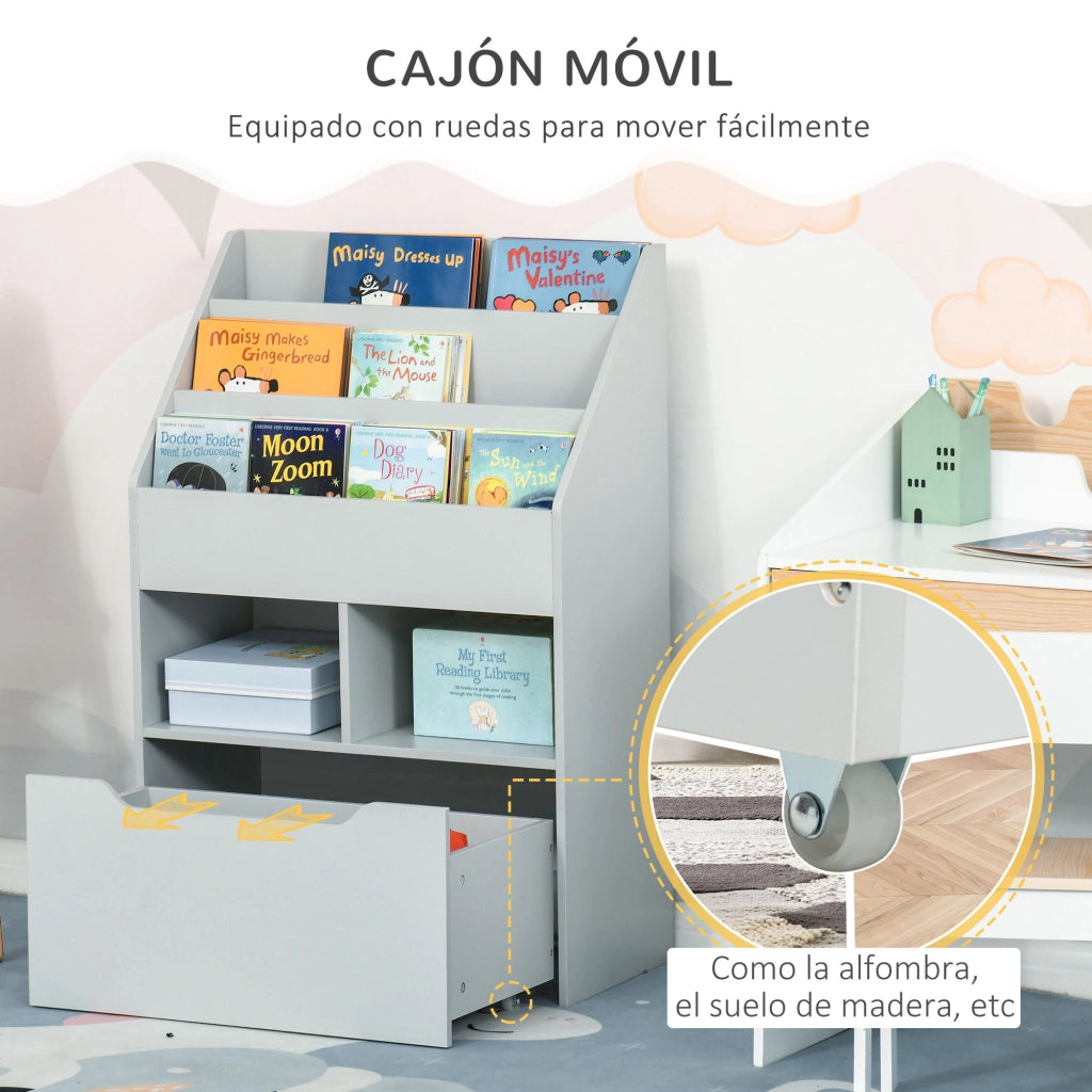 Libreria mobile per bambini con 3 ripiani 2 scomparti cassetto e 4 ruote ¨C Xylo ¨C Legno grigio 60x29,9x90 cm