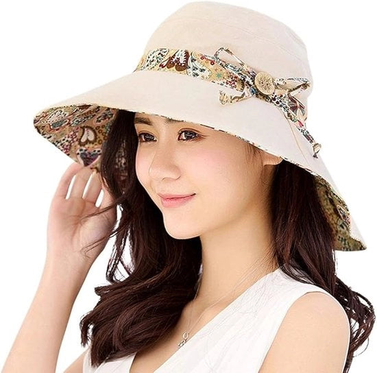 Cappello da sole - Cappelli - cappello da sole donne - Donne - Cappello da sole reversibile - Protezione UV UPF 50+ - Cappello da spiaggia - Opaco - Bordo largo - Beige