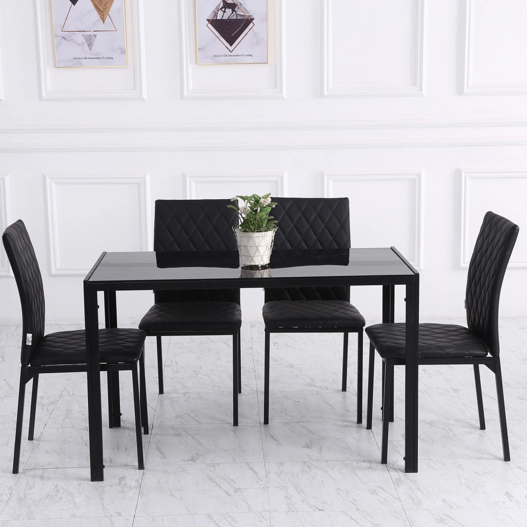 Set 4 Sedie da Pranzo in Finta Pelle con Cuciture a Rombi e Gambe in Metallo, Nero