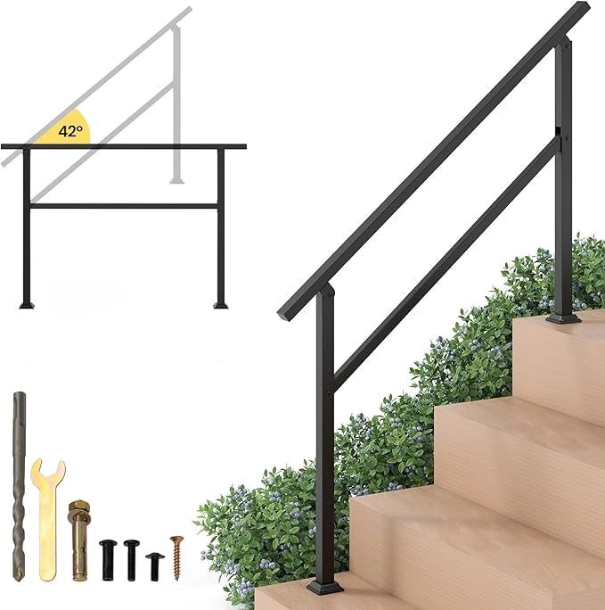 Corrimano per Scala, Corrimano in Metallo per 0-2/3/4 Gradini con Regolazione dell’Angolo, Portata 150 kg, Ringhiera per Terrazzo, Ingresso e Balcone (138 x 92 cm)