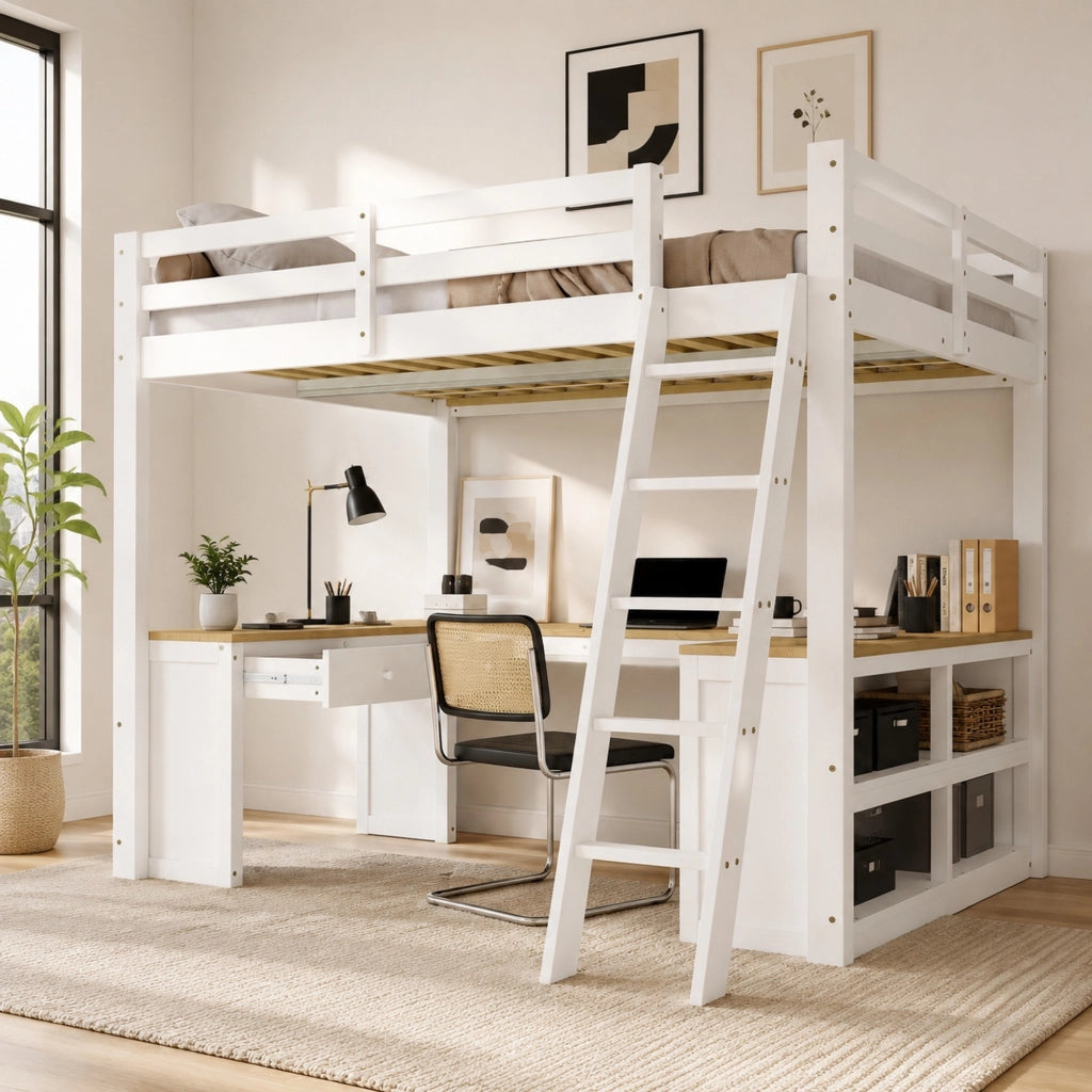 DESMIU Letto a soppalco per bambini 140 × 200 cm 1 posto con scrivania a U, 2 cassetti, ripiano, senza materasso, bianco e naturale