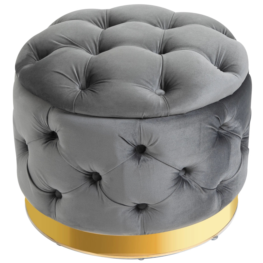 Sgabello vintage, panca contenitore, poggiapiedi, sgabello imbottito, metallo, schiuma, grigio antracite, 55 x 55 x 42 cm