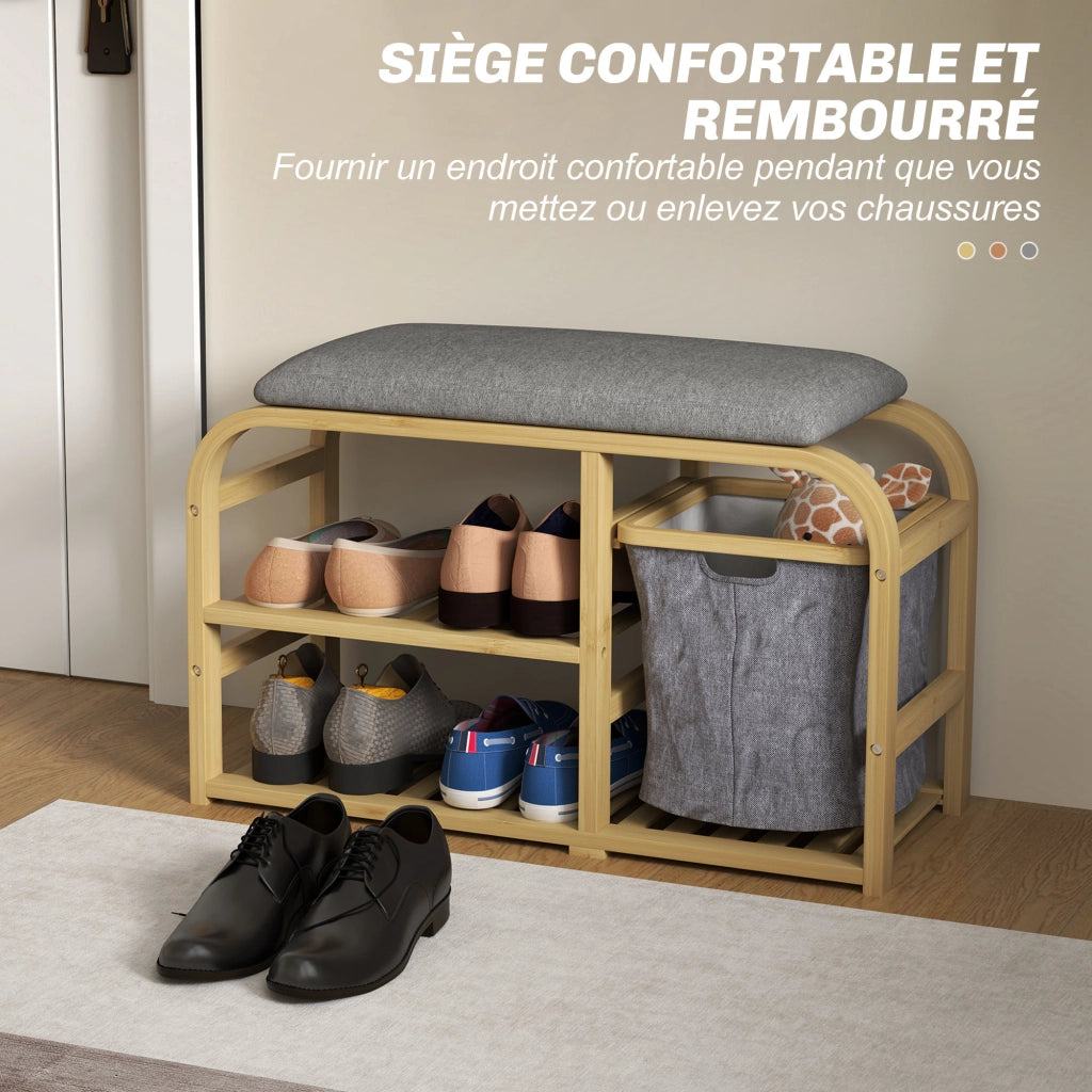 Panca portascarpe con cuscino ¨C Xylo ¨C legno naturale, 2 ripiani e cestino, 70x30x45cm