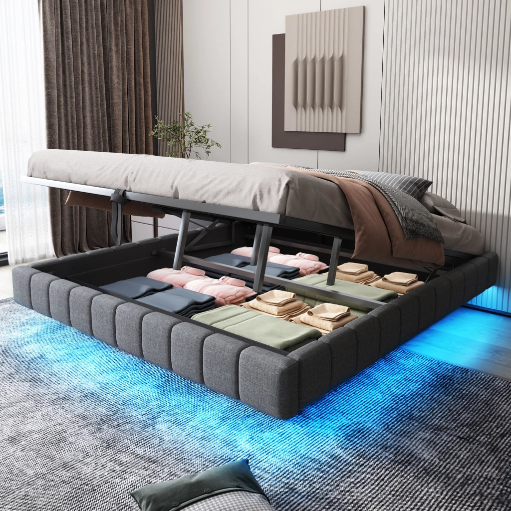 Letto matrimoniale imbottito fluttuante senza testiera; LED e contenitore a gas; lino grigio; 180x200 cm; senza materasso