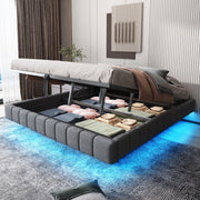 Letto matrimoniale imbottito fluttuante senza testiera; LED e contenitore a gas; lino grigio; 180x200 cm; senza materasso