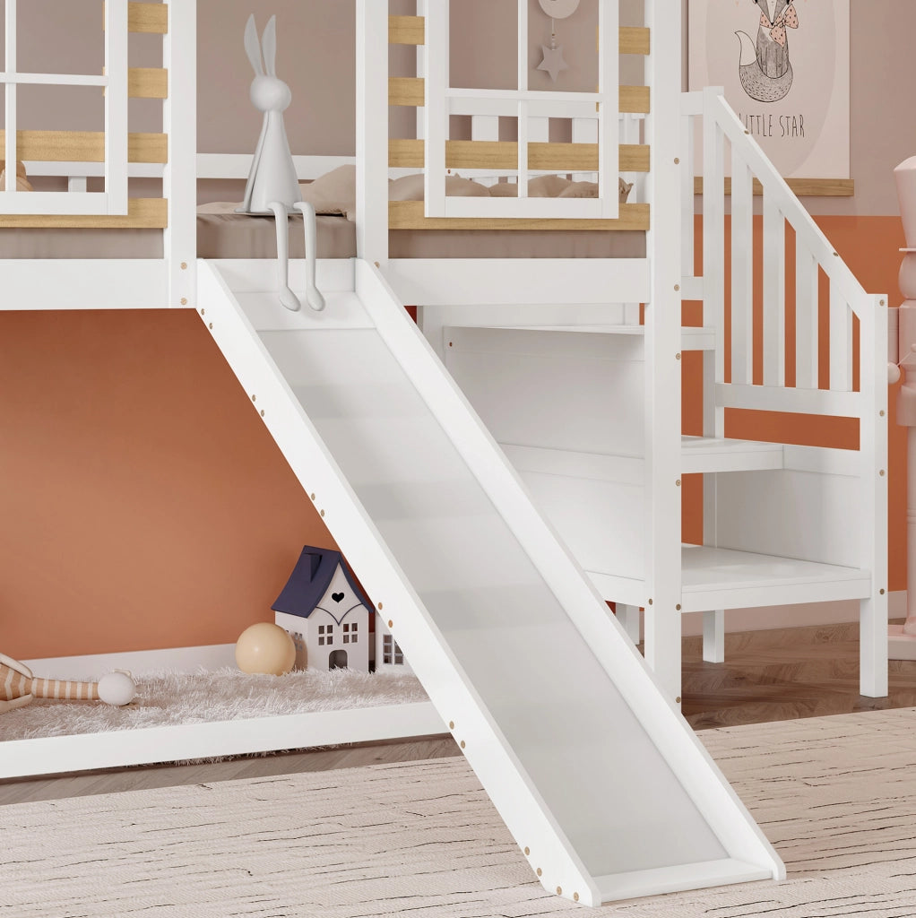 Letto a castello per bambini con scivolo, scala e finestre 90x200 cm