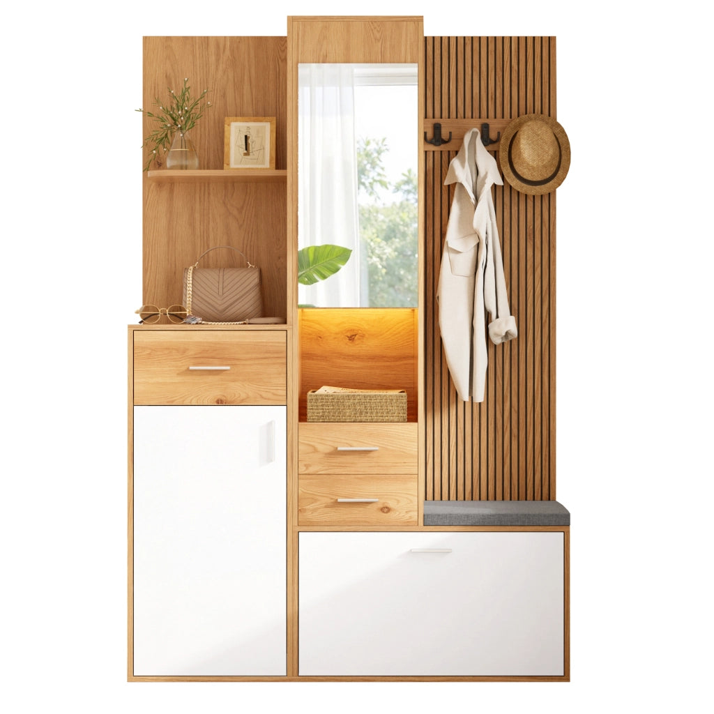 Mobile ingresso con anta; cassetti; specchio e LED per ingresso 120×32×178 cm
