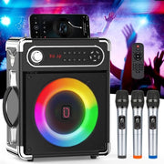 Impianto karaoke con microfoni wireless altoparlante portatile Bluetooth basso-alto telecomando illuminazione a LED scheda TF porta USB ingresso AUX ricezione FM registrazione nero
