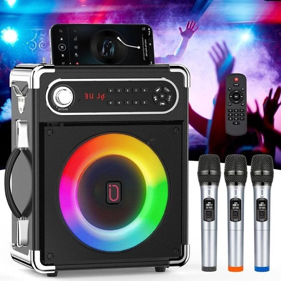 Impianto karaoke con microfoni wireless altoparlante portatile Bluetooth basso-alto telecomando illuminazione a LED scheda TF porta USB ingresso AUX ricezione FM registrazione nero
