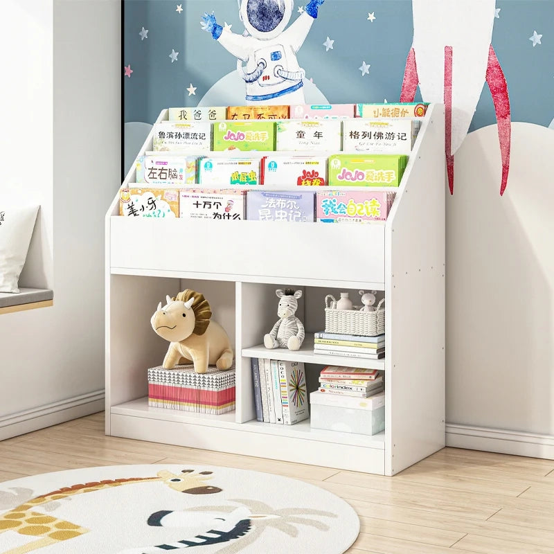 Scaffale verticale per bambini, libreria per libri e giornali, mobile per giocattoli.