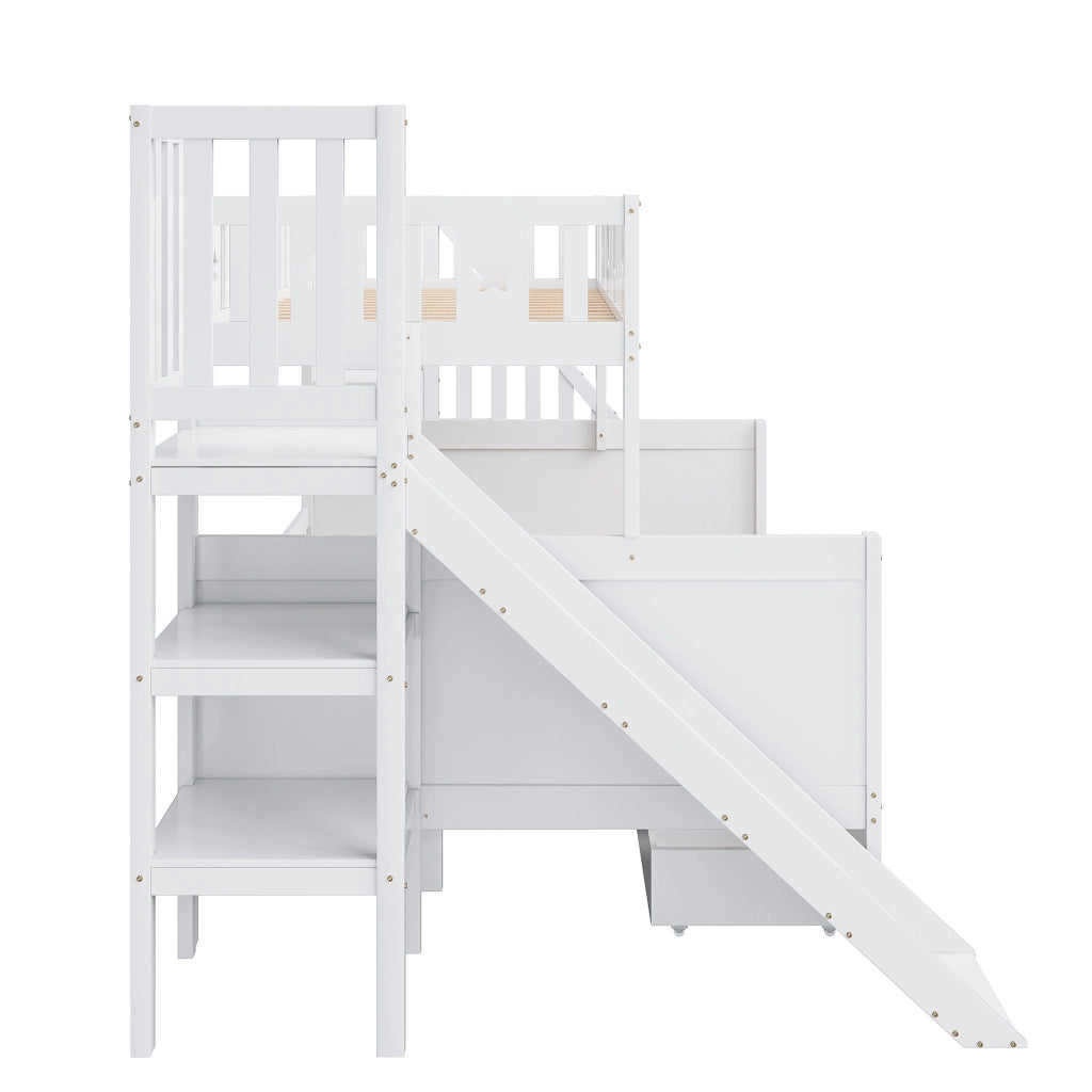 Letto a castello per bambini con scivolo e scala di sicurezza; 90x200/140x200 cm; bianco in legno