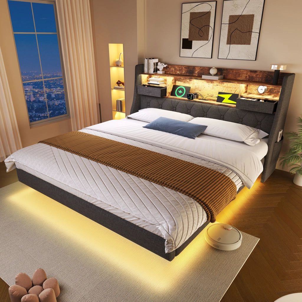 DESMIU Letto matrimoniale 140 × 190 cm 2 posti con LED, porte USB e Type-C, senza materasso, in lino, grigio