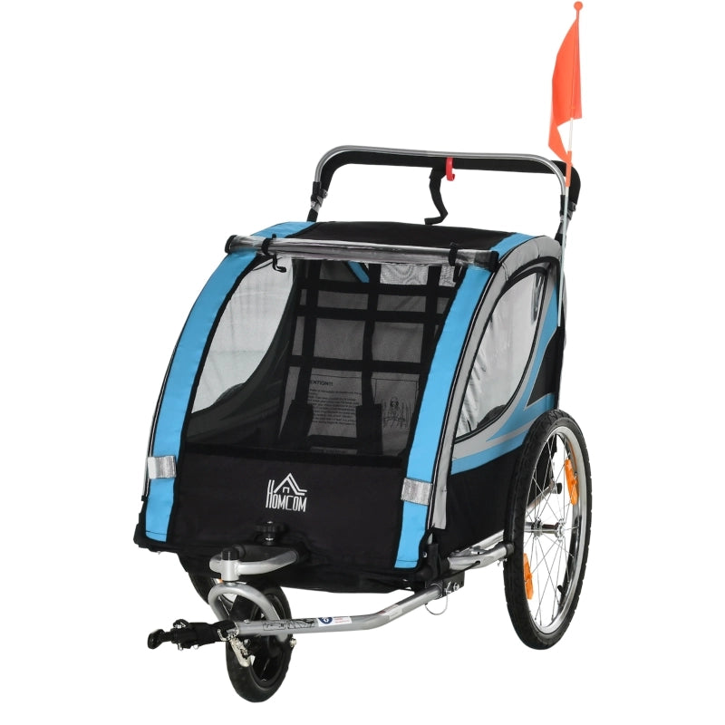 Rimorchio per bambini, passeggino, cintura di sicurezza a 5 punti, attacco universale, acciaio, blu, 142 x 75 x 101 cm