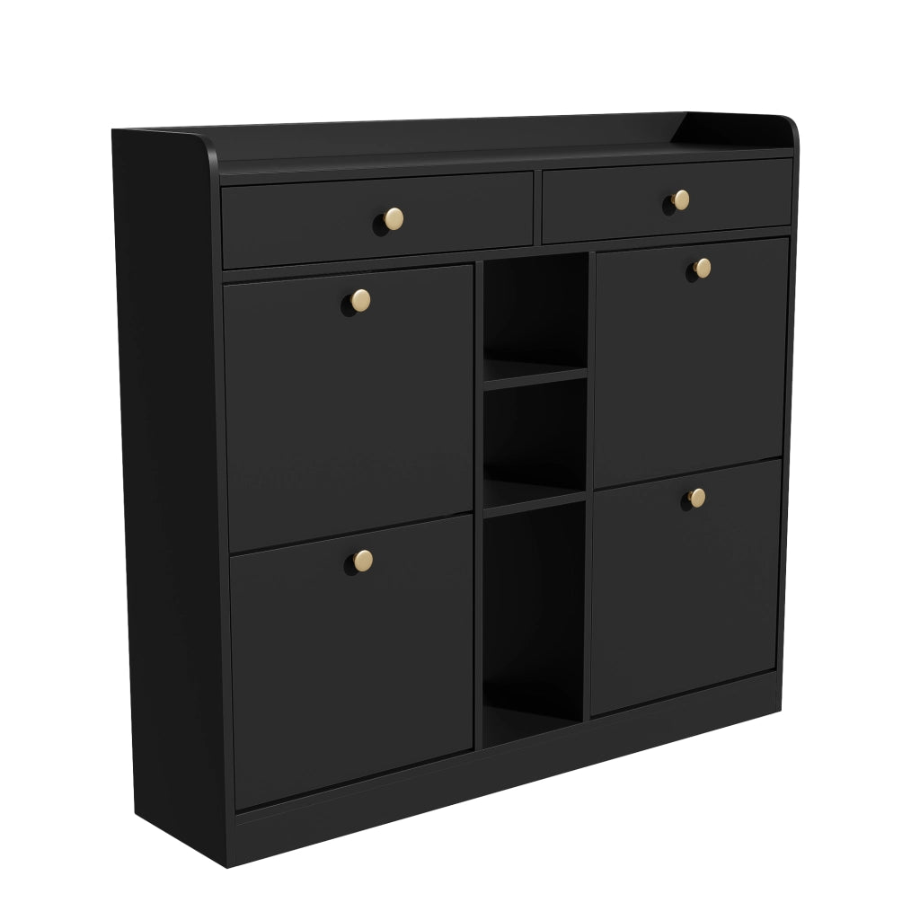 Scarpiera Nera 110×26×100 cm con 4 Ante a Ribalta; 2 Cassetti e 3 Vani Aperti; Mobile Porta Scarpe Salvaspazio
