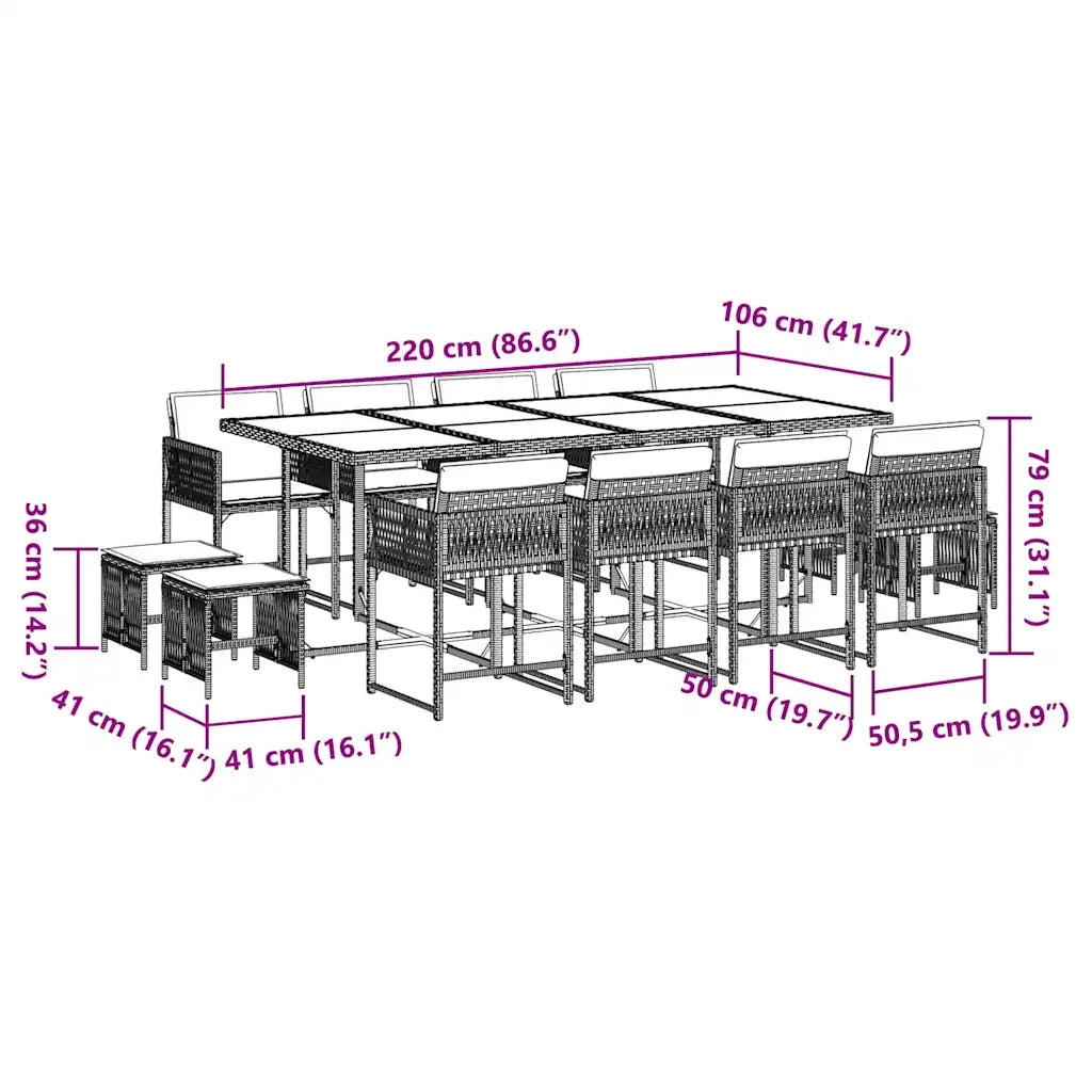Set da Pranzo da Giardino 13pz con Cuscini Marrone Polyrattan