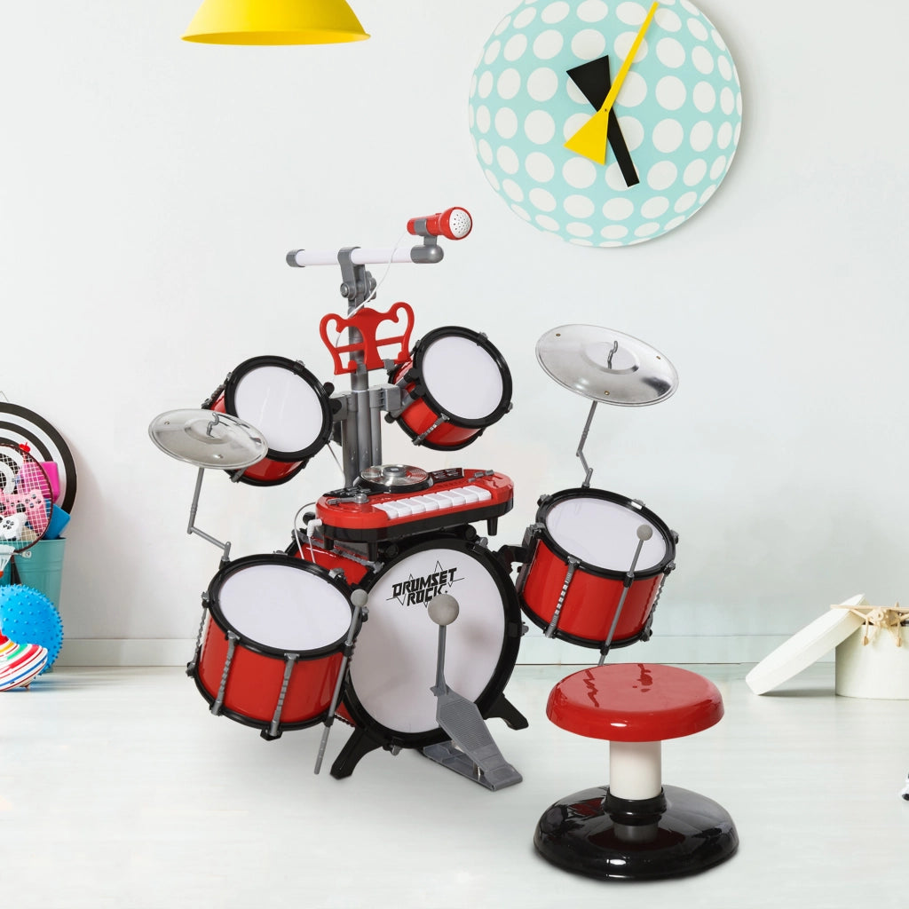 Batteria per Bambini con 4 Tamburi, Microfono, Piatti, Bacchette e Tastiera ¨C Minimal ¨C Rosso